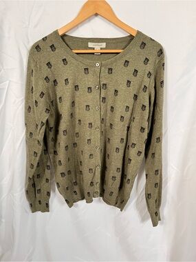 Atmosphere Olive Green Button-Up Cardigan with Black Owl Print
